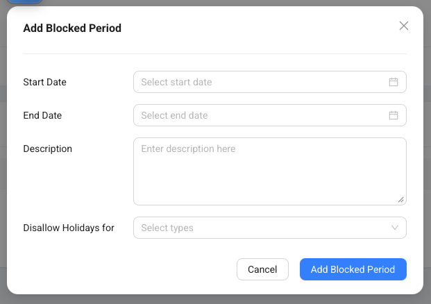 The Add Blocked Period modal with date, description, and disallowed holiday fields.