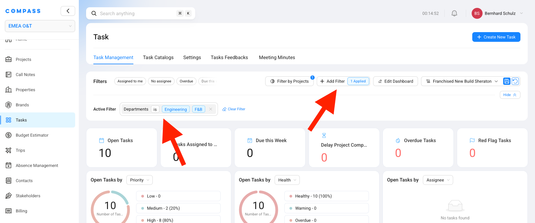 The Task Management dashboard with Configure filters open — set a field, operator, and value, then click Apply Filters.