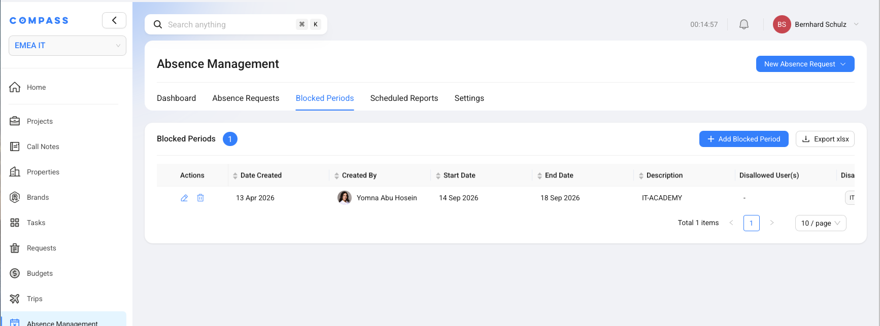 The Blocked Periods tab with an existing blocked period and the Add Blocked Period button.
