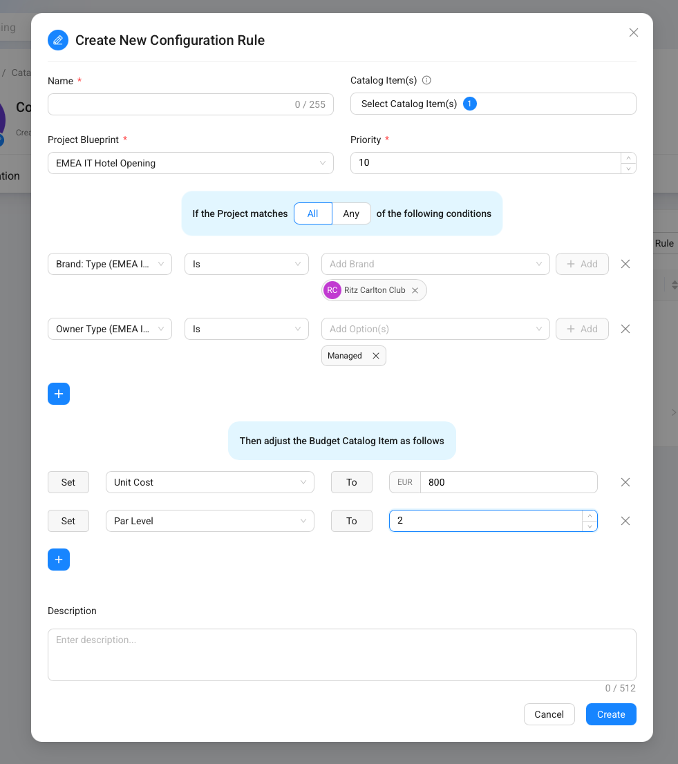 The Create New Configuration Rule dialog showing project conditions and item actions that set Unit Cost and Par Level.