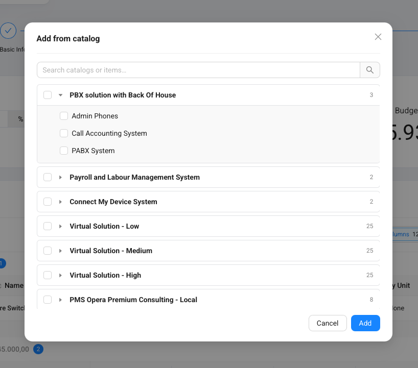 The Add budget item menu showing Create manually and Add from catalog.