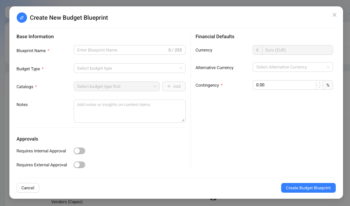 The Create New Budget Blueprint dialog, showing base information, catalog selection, approval switches, and financial defaults.