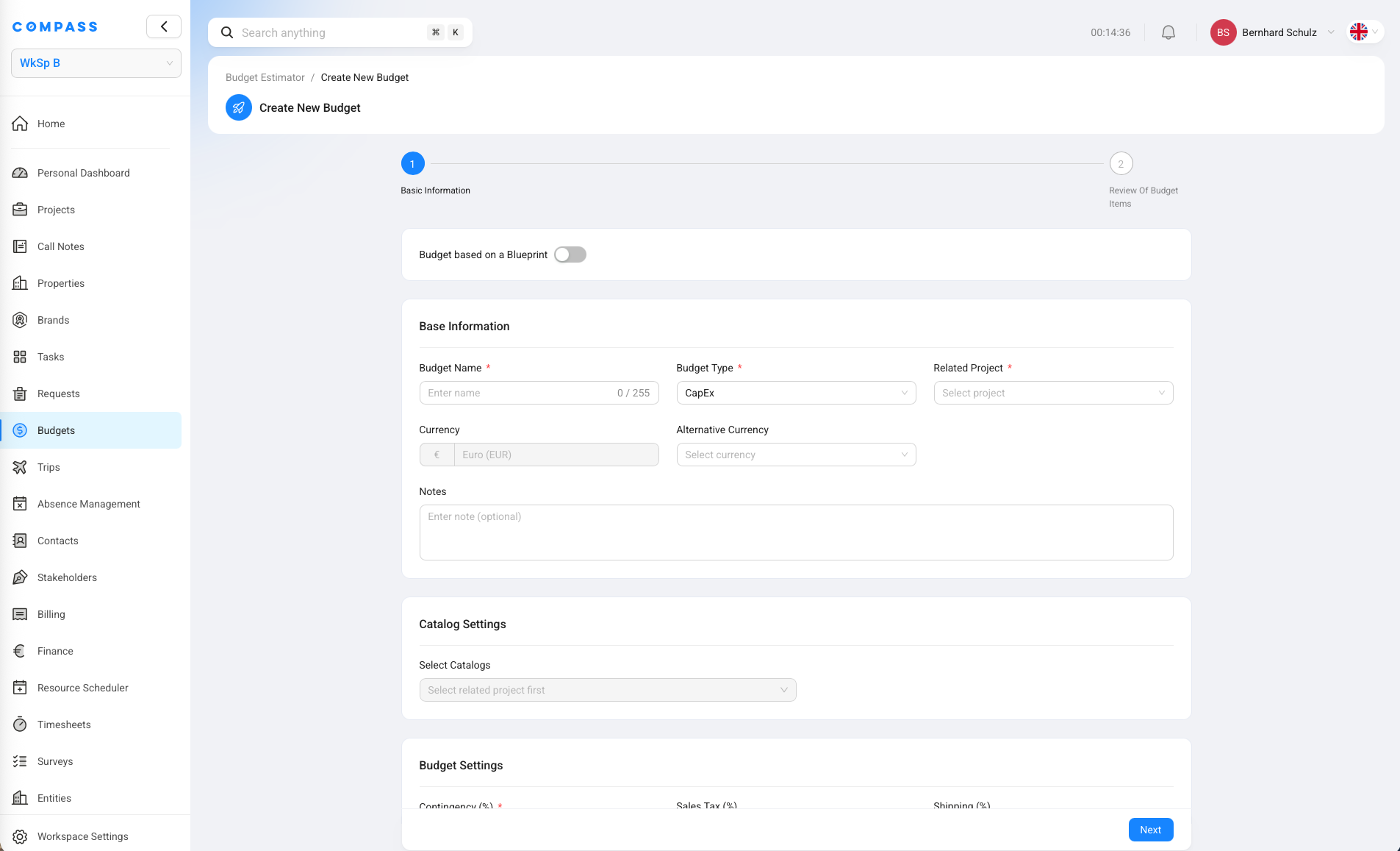 The Create New Budget page showing base information, catalog settings, budget settings, and approval settings.