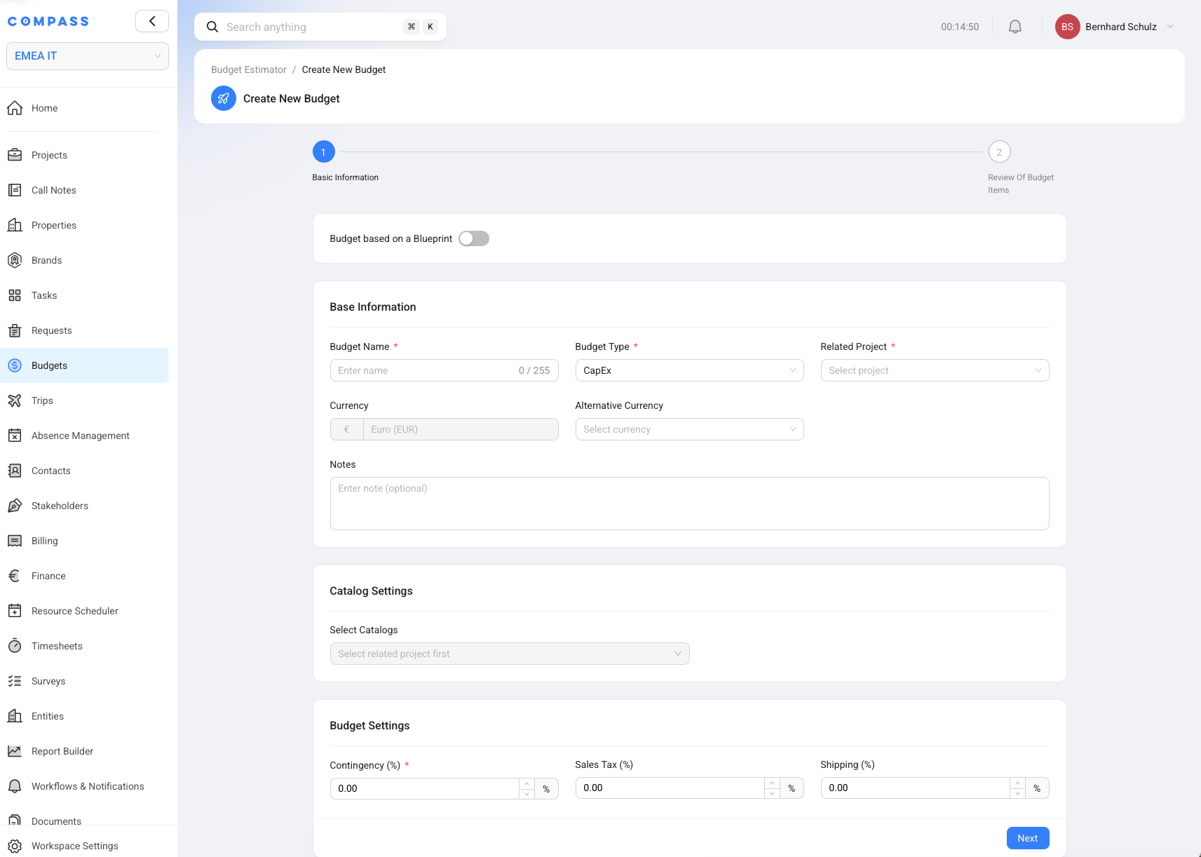 The Create New Budget page showing the Budget based on a Blueprint switch above the budget form.