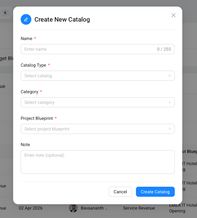 The Create New Catalog dialog, where the user enters the catalog name, catalog type, category, project blueprint, and notes.
