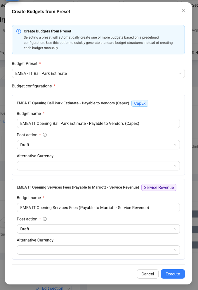 The Create Budgets from Preset dialog, showing two budget configurations before execution.