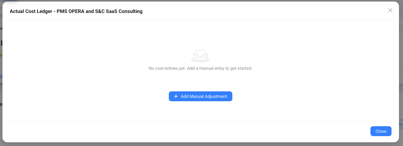 The Actual Cost Ledger modal for a budget item, showing the option to add a manual adjustment.
