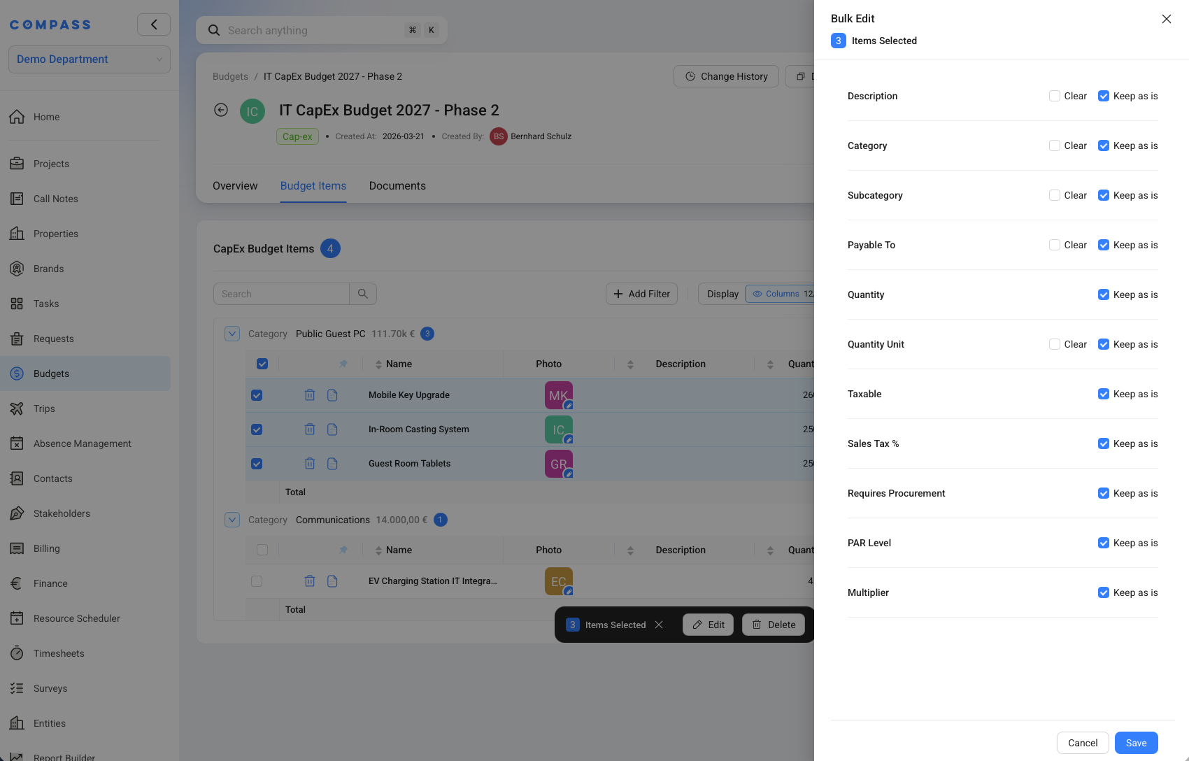 The Budget Items table with several rows selected and the Bulk Edit drawer open.