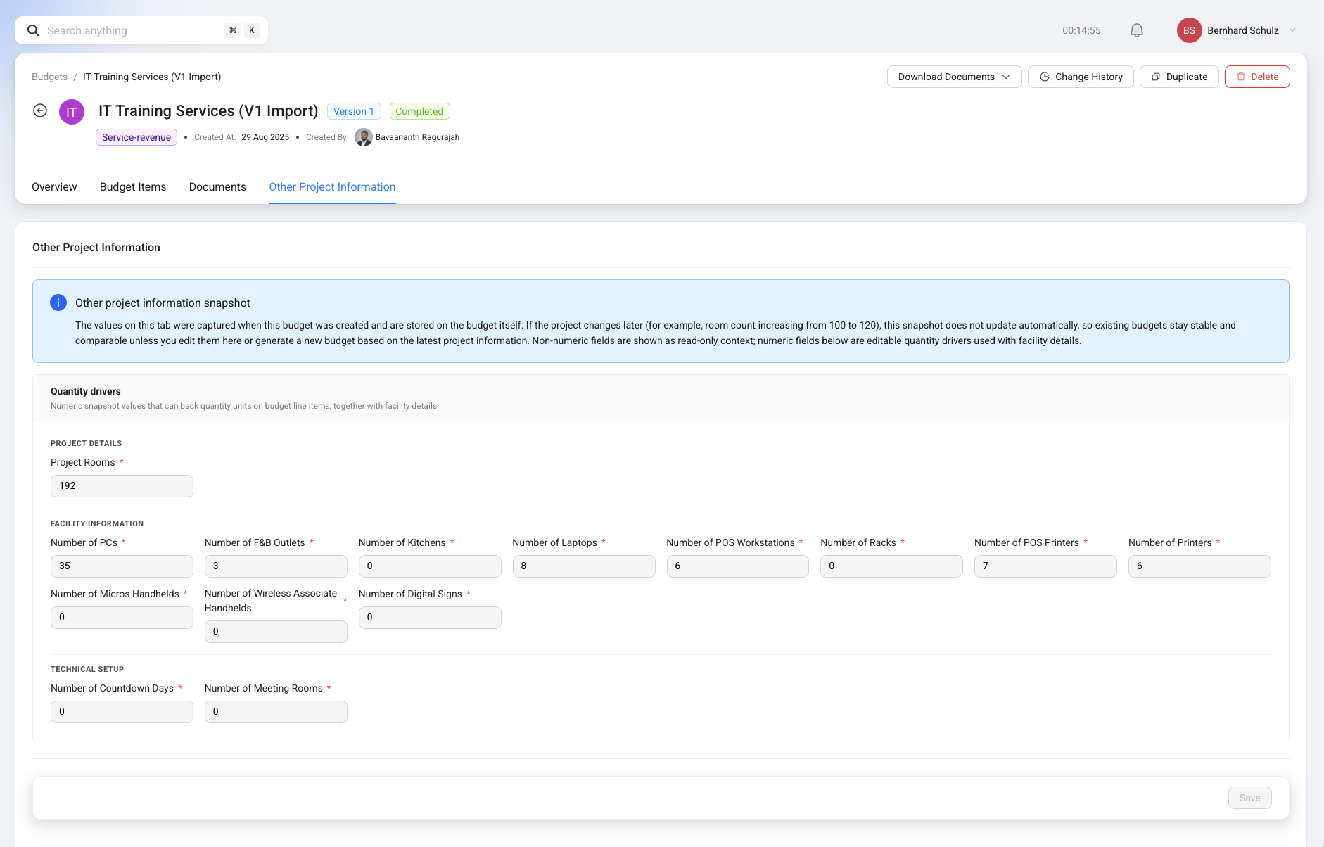 The Other Project Information tab showing copied project assumptions and quantity drivers on a single budget.