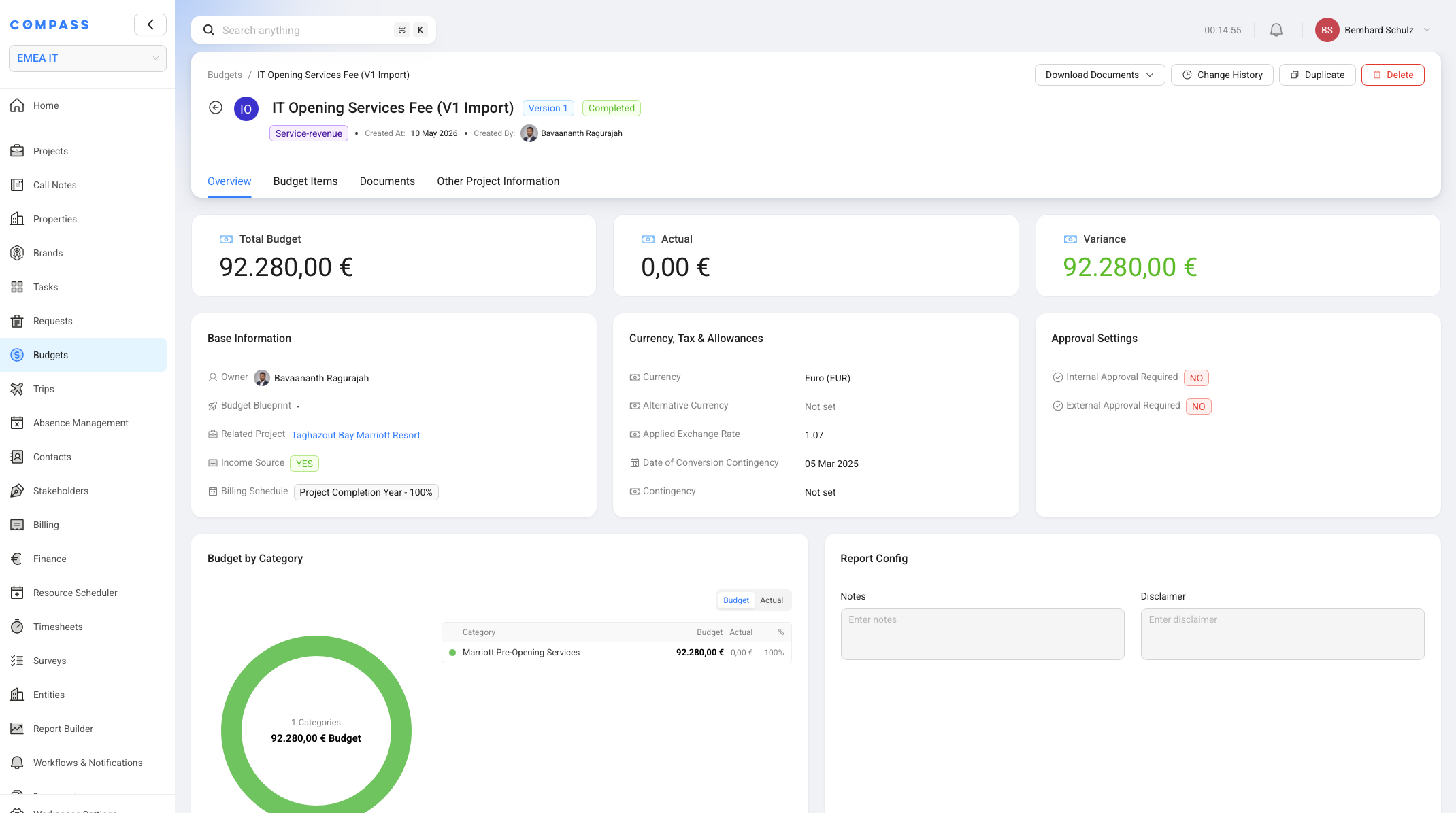 The Overview tab of a single service revenue budget, showing budget total, actual, variance, base information, approval settings, category breakdown, and report configuration.