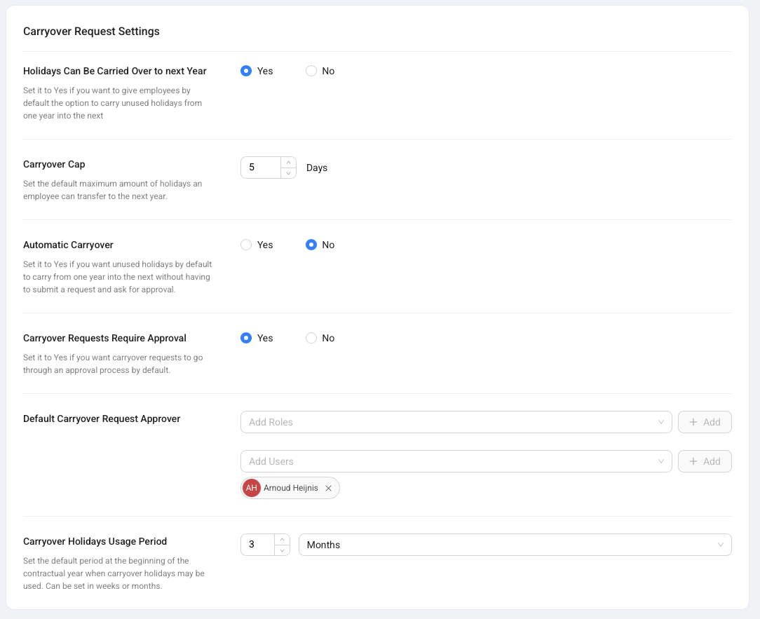 Carryover Request Settings with carryover cap, approval, approver, and usage period fields.