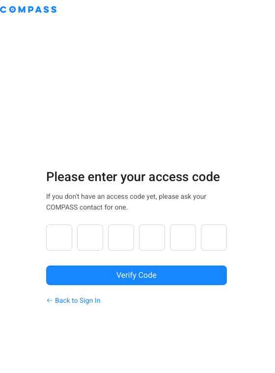 The COMPASS access code page with six code boxes and a Verify Code button.