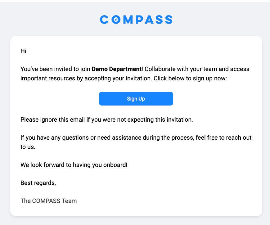 A COMPASS invitation email with a blue Sign Up button.