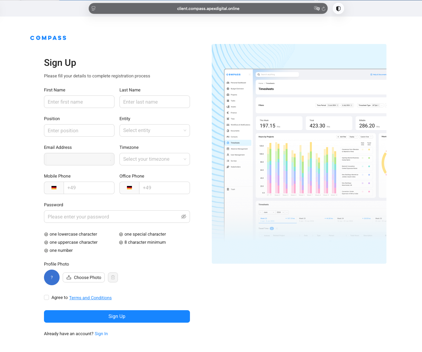 The COMPASS Sign Up form used to create a first-time account.