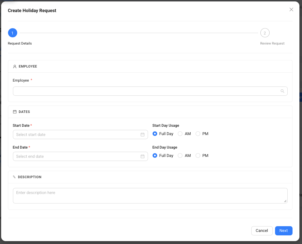 The first step of the Create Holiday Request modal with employee, dates, day usage, and description fields.