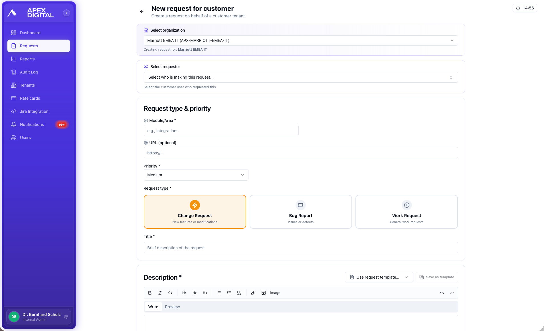 Customer portal new request form with Change Request, Bug Report, and Work Request options