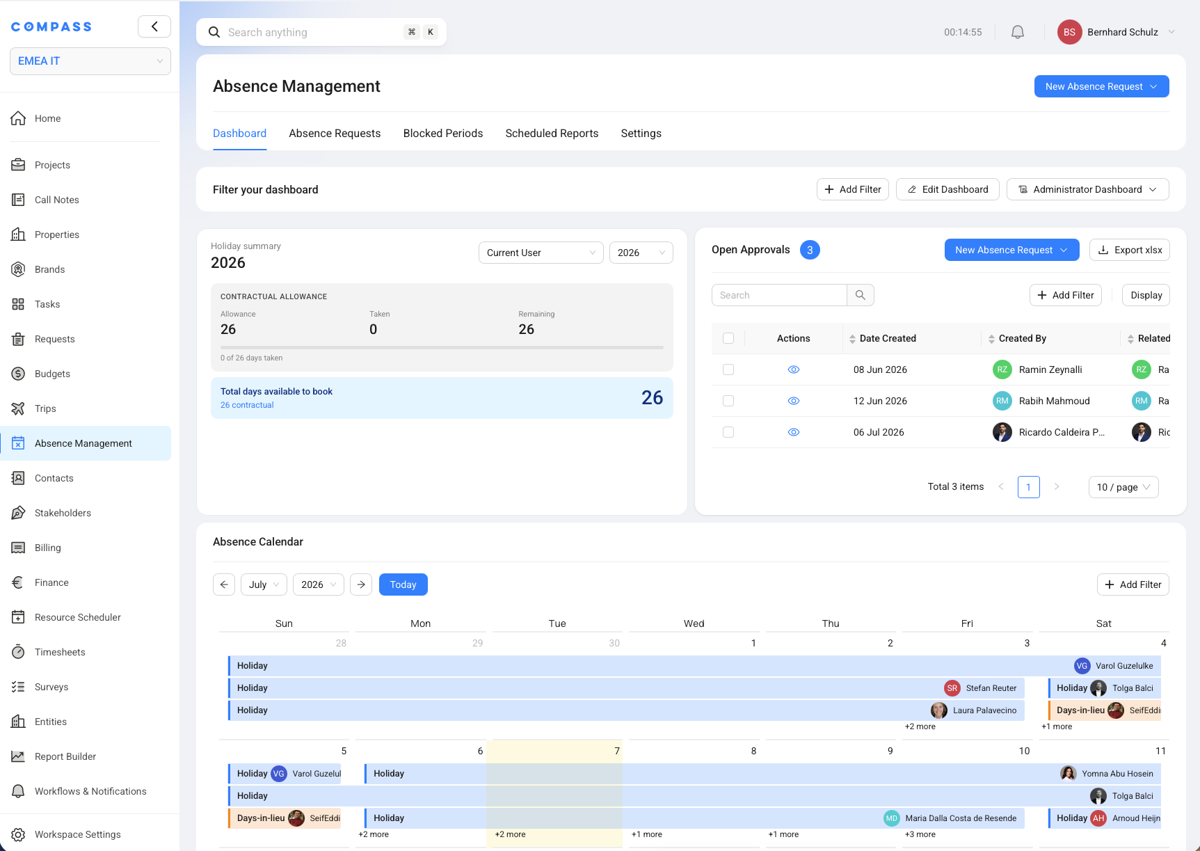 The Absence Management dashboard with the Holiday Summary, Open Approvals, and calendar widgets.