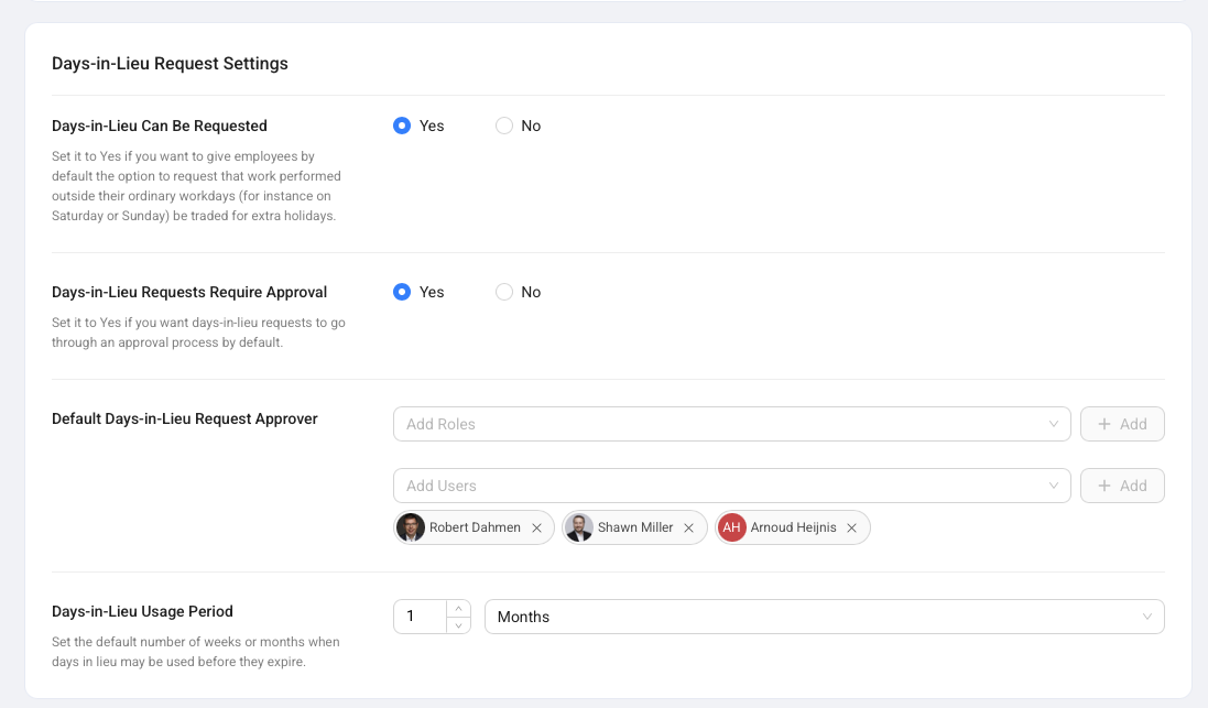 Days-in-Lieu Request Settings with availability, approval, approver, and usage period fields.