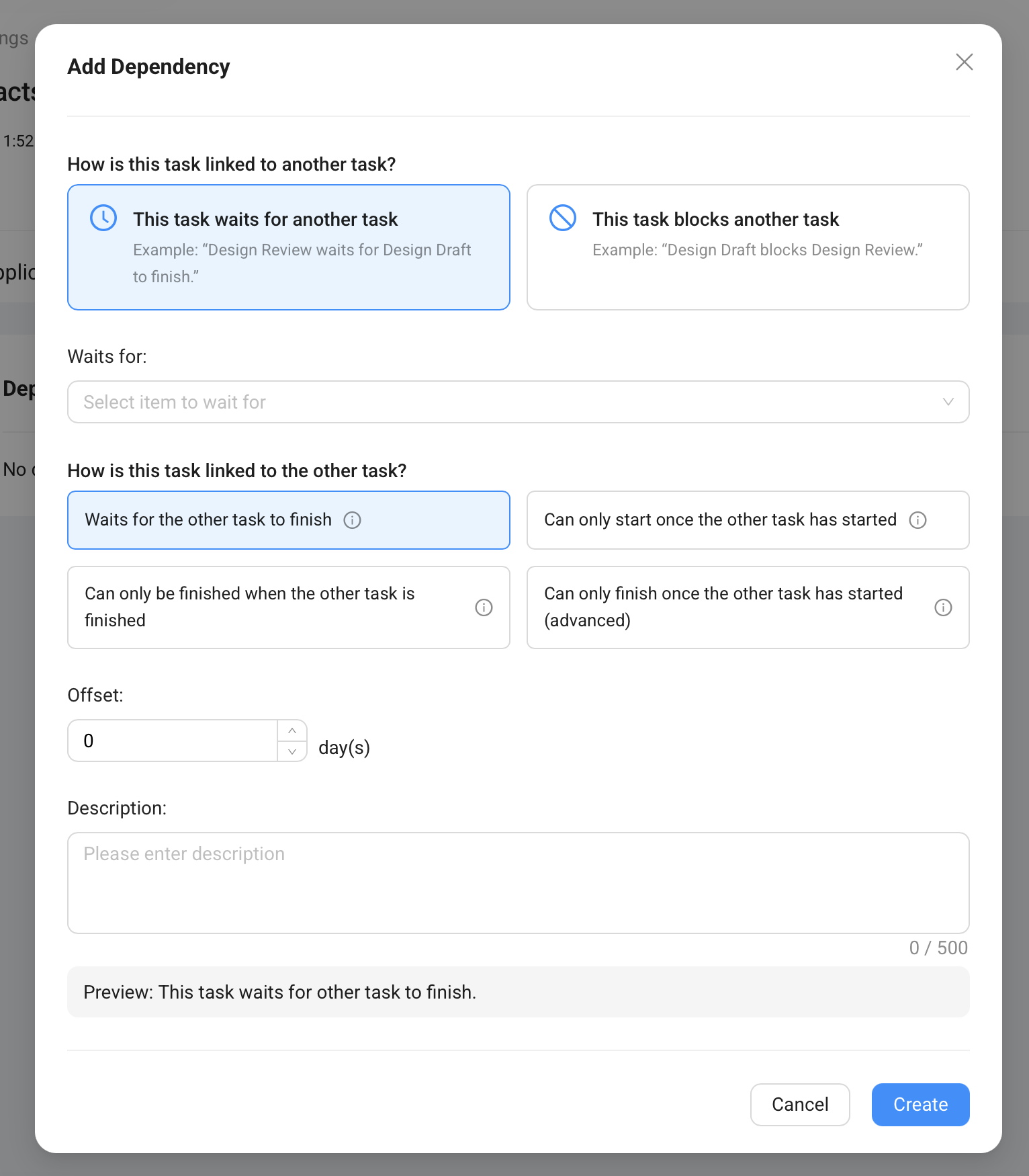The Add Dependency dialog in Compass — choose whether this task waits for another or blocks another, then pick the relationship type and optional offset.
