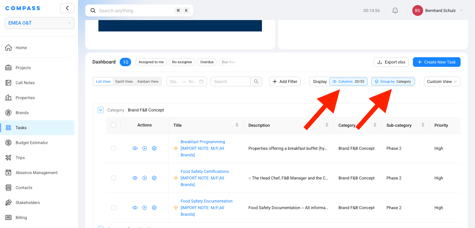 Display options for the task table — choose which columns appear and how tasks are grouped.
