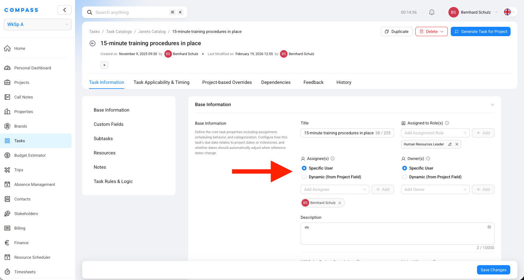 The Assignee and Owner configuration on a Task Catalog Item — showing Static (Specify User) and Dynamic (from Project Field) options side by side.