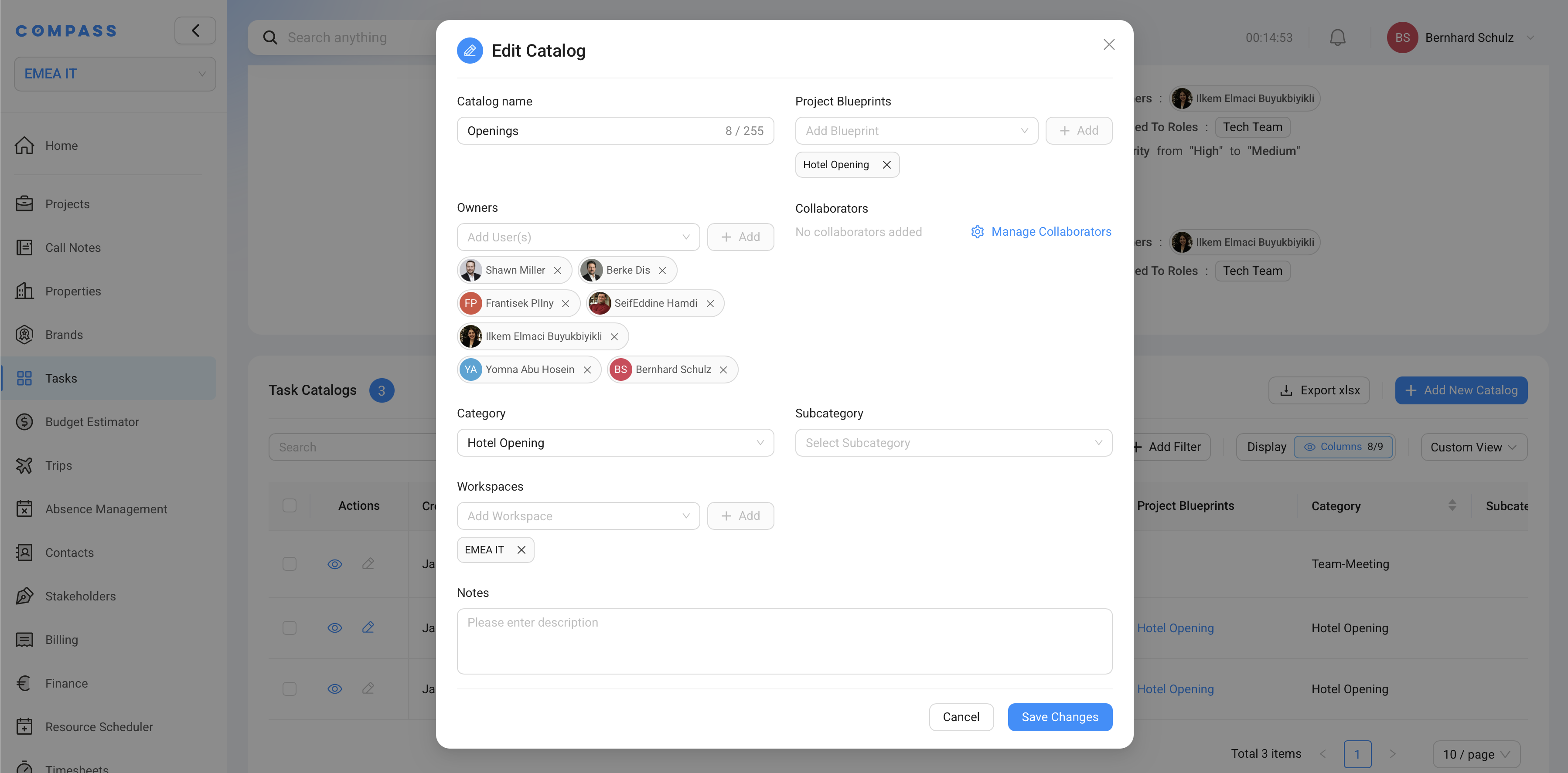 Editing a Task Catalog — name, linked Project Blueprints, Owners, Collaborators, Workspace, and Category settings.