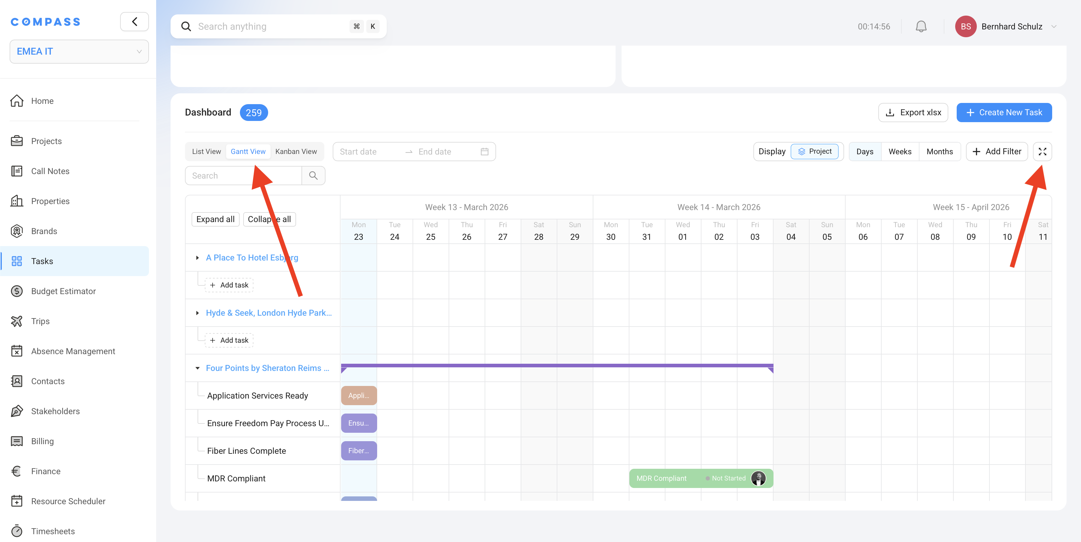 The Gantt View — tasks grouped by project on a weekly timeline, with fullscreen and grouping options highlighted.