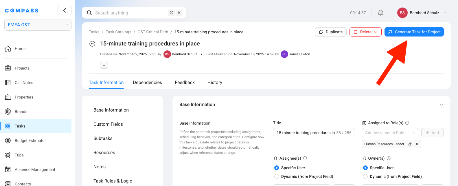 Task Catalog Item view with Generate Task for Project in the top right — pick a project to add just this task.