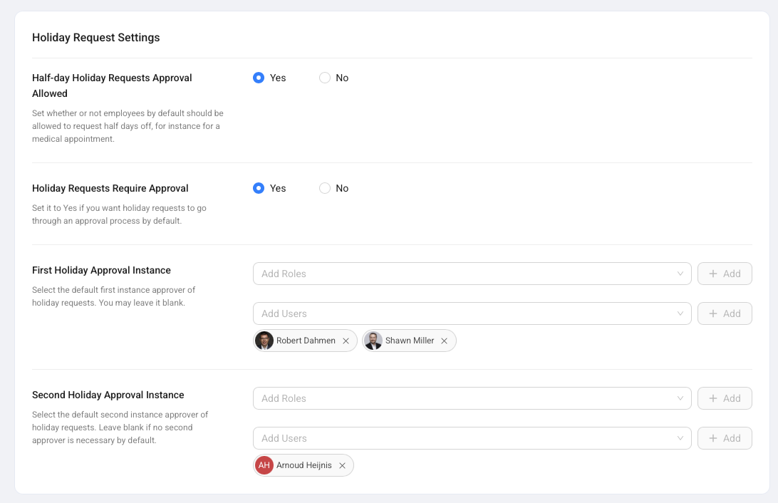 Holiday Request Settings with half-day approval, approval requirement, and approver fields.