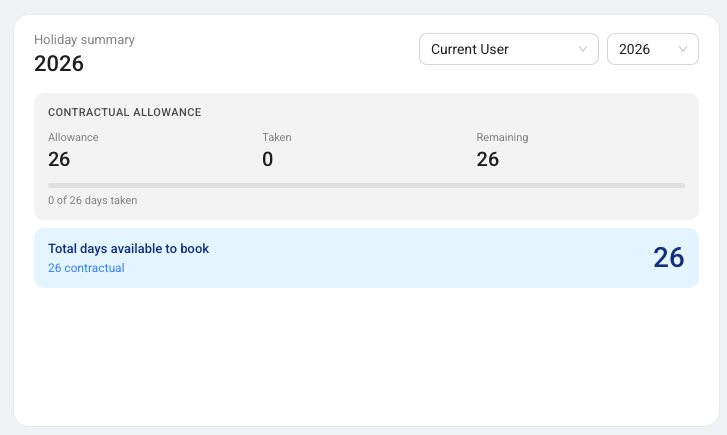 The Holiday Summary widget showing contractual allowance and total days available to book.