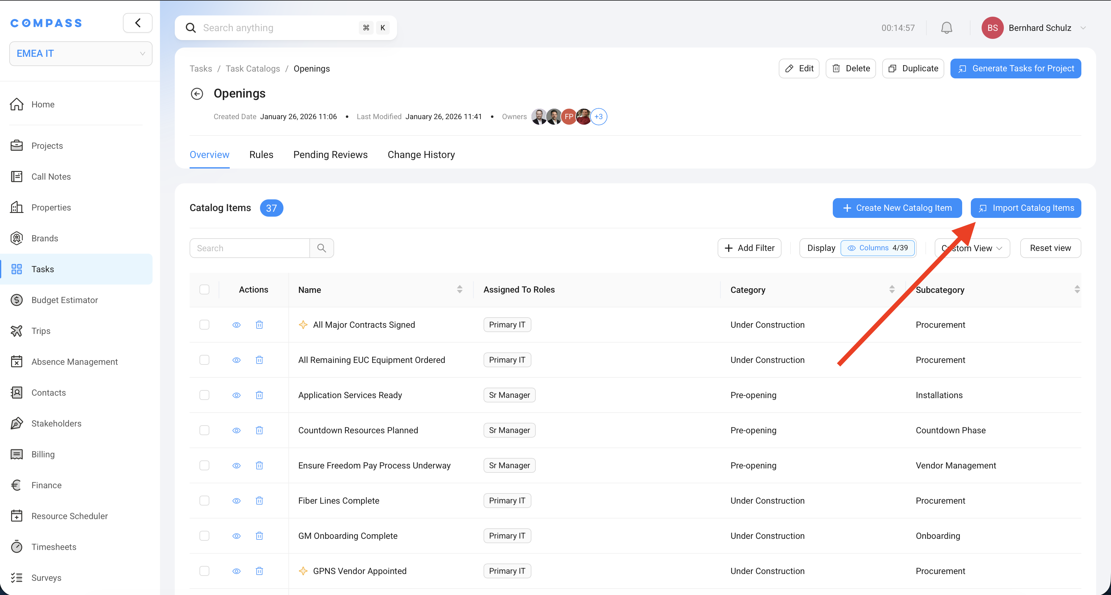 The Task Catalog overview tab — the Import Catalog Items button is in the top right corner.