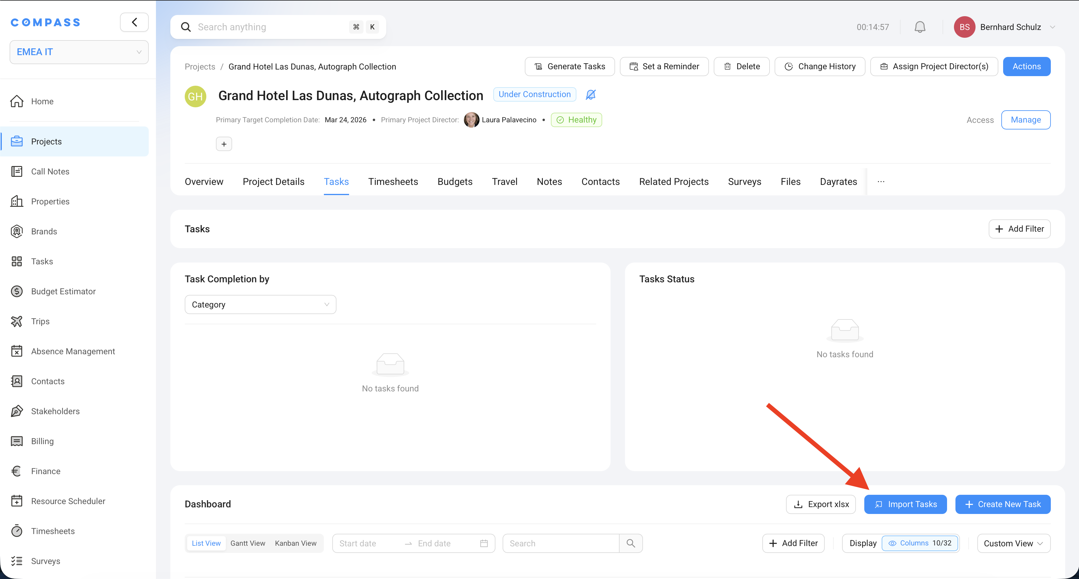 The Tasks tab on a project — the Import Tasks button is at the bottom right.