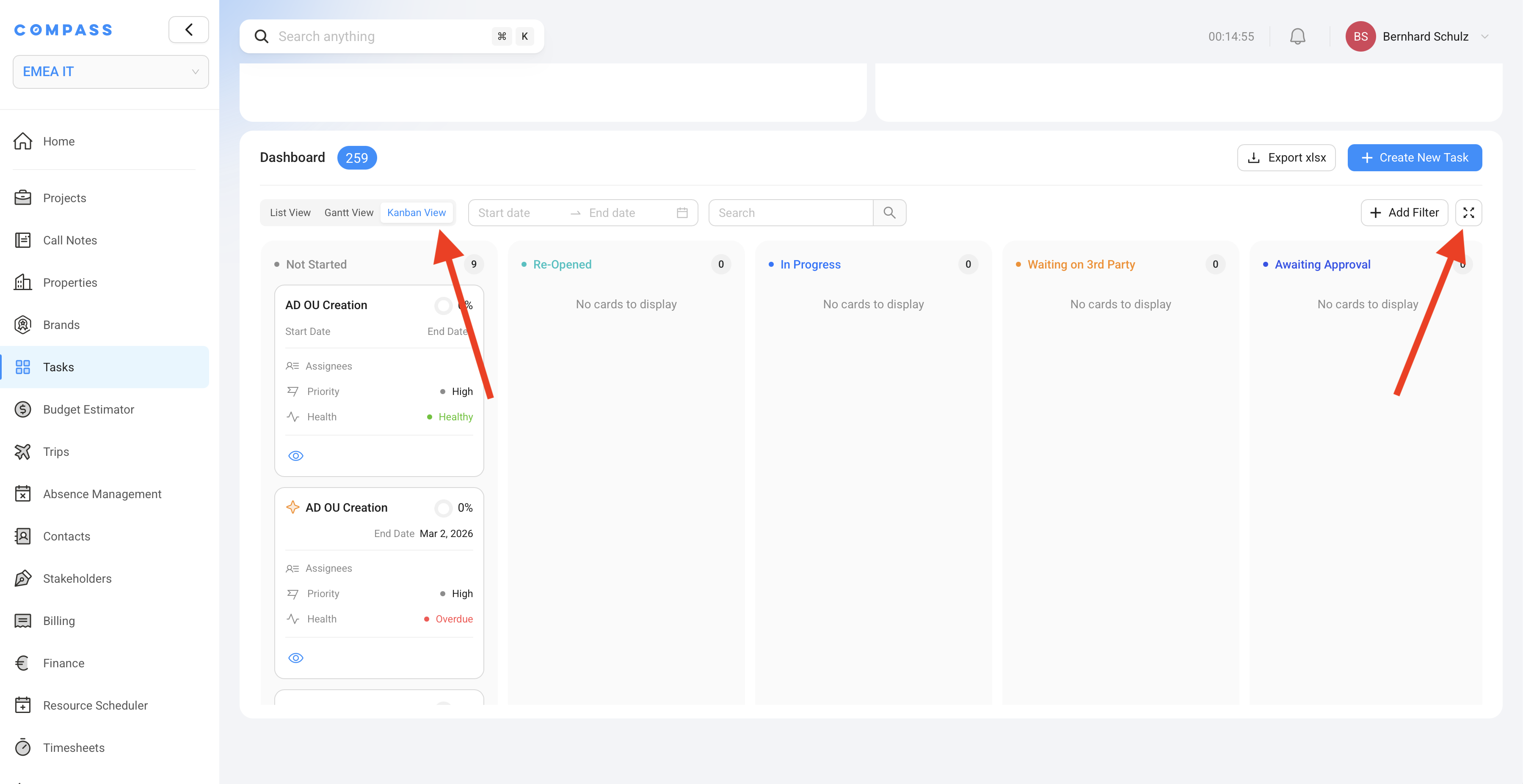 The Kanban View — tasks as cards organized by status, with fullscreen mode highlighted.
