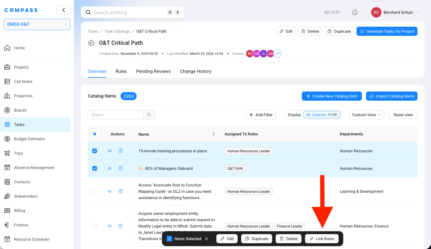 Catalog items selected — bottom toolbar with Link Rules for bulk-linking applicability rules.
