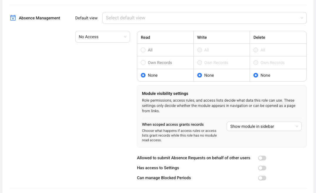 The Absence Management module permissions showing settings, blocked periods, and submit-on-behalf switches.