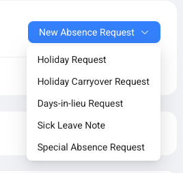 The New Absence Request menu showing Holiday, Carryover, Days-in-Lieu, Sick Leave, and Special Absence options.