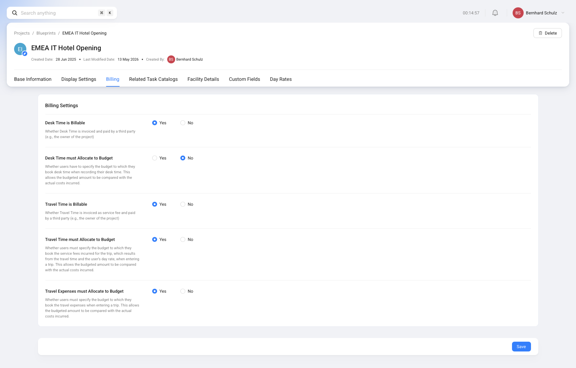 Project Blueprint Billing settings showing whether desk time, travel time, and travel expenses must allocate to a budget.