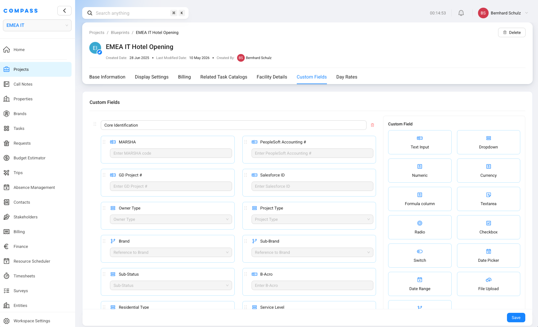 A Project Blueprint custom fields screen, showing the fields that can become project-specific inputs for catalog rules and calculations.