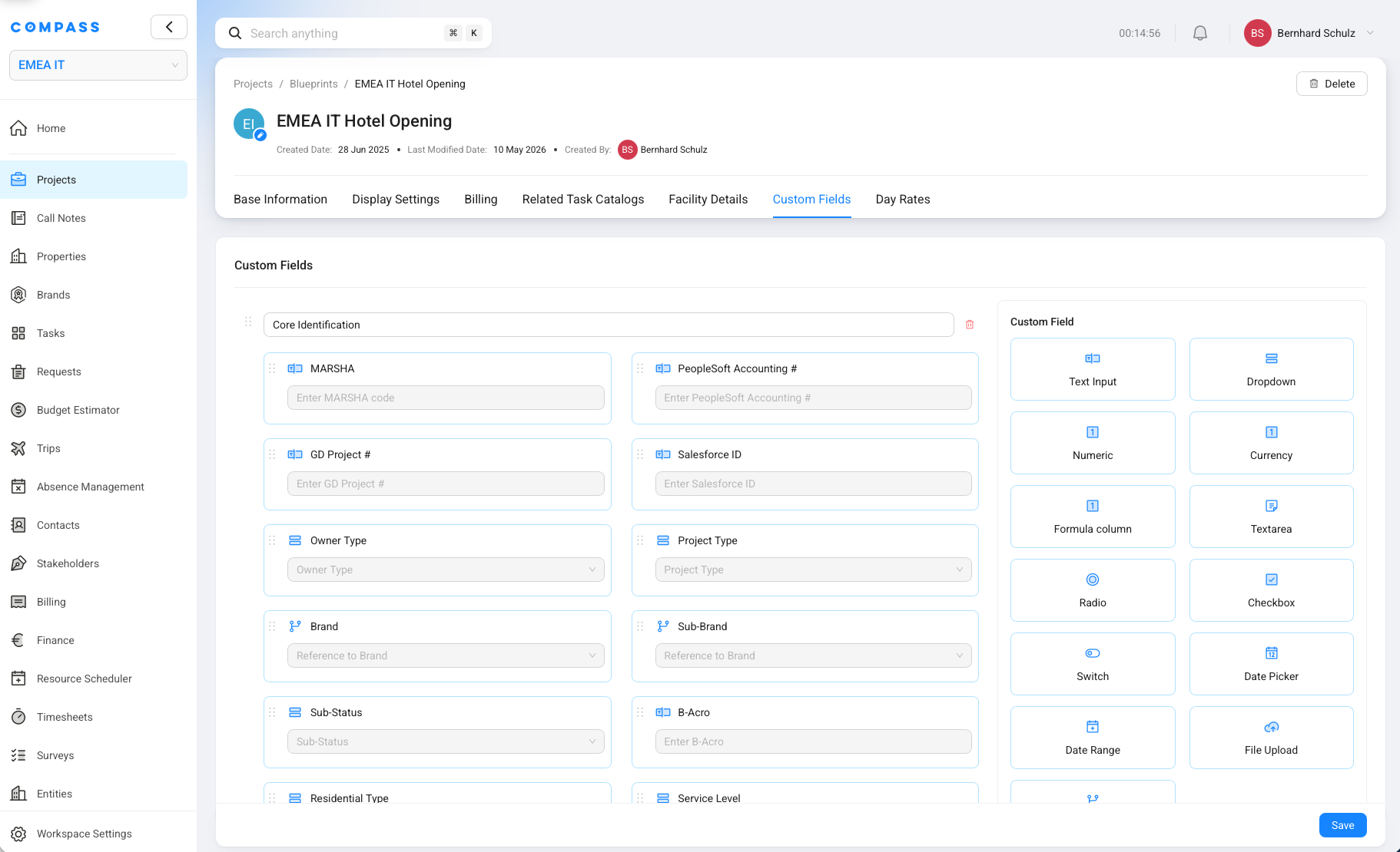 A Project Blueprint custom fields page showing numeric and reference fields that can become budget quantity drivers.