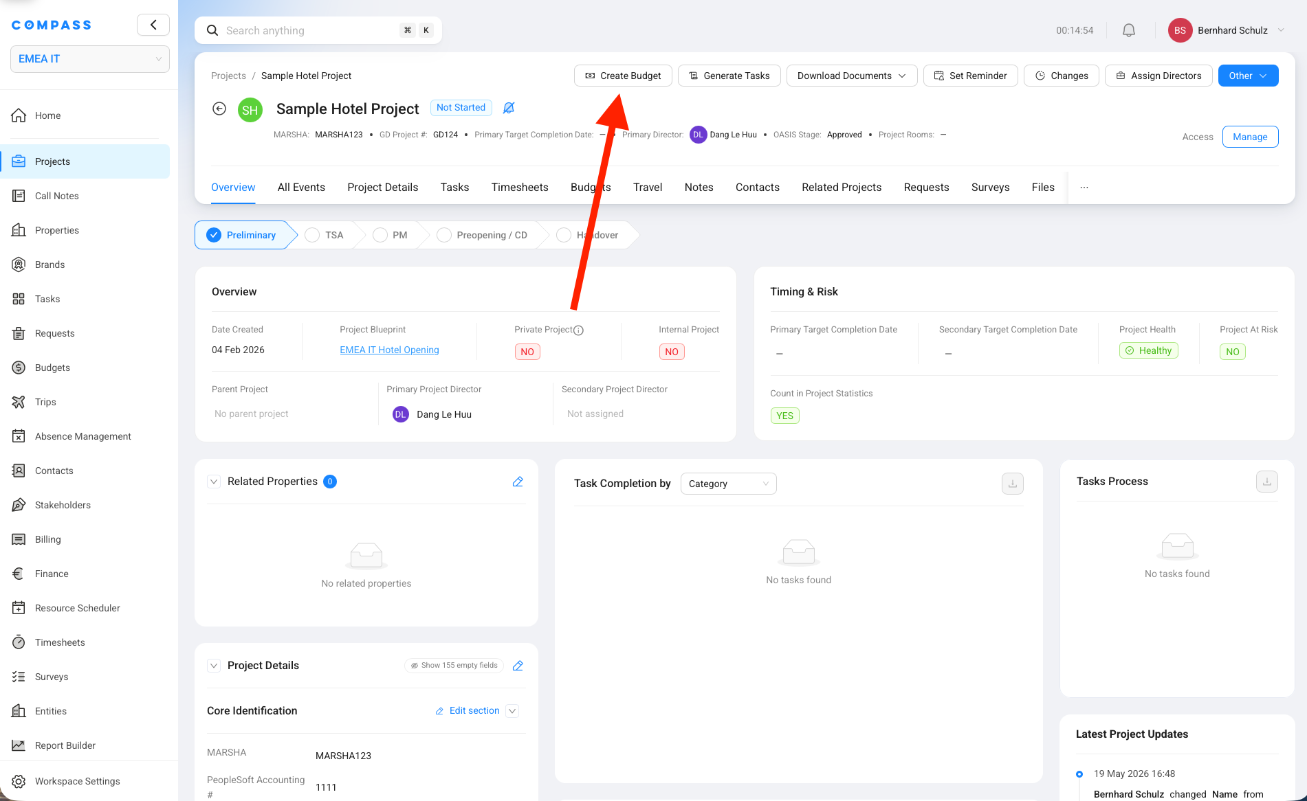 A project page showing the Create Budget button in the project header.