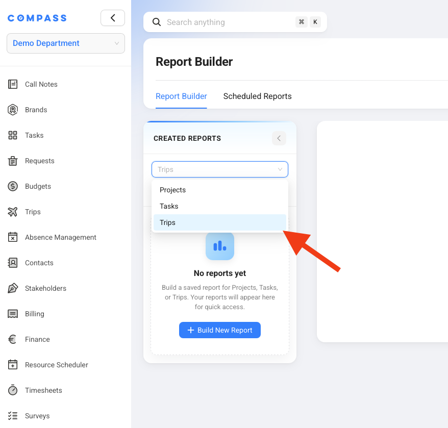 The Report Builder source dropdown showing Trips as an available report source.