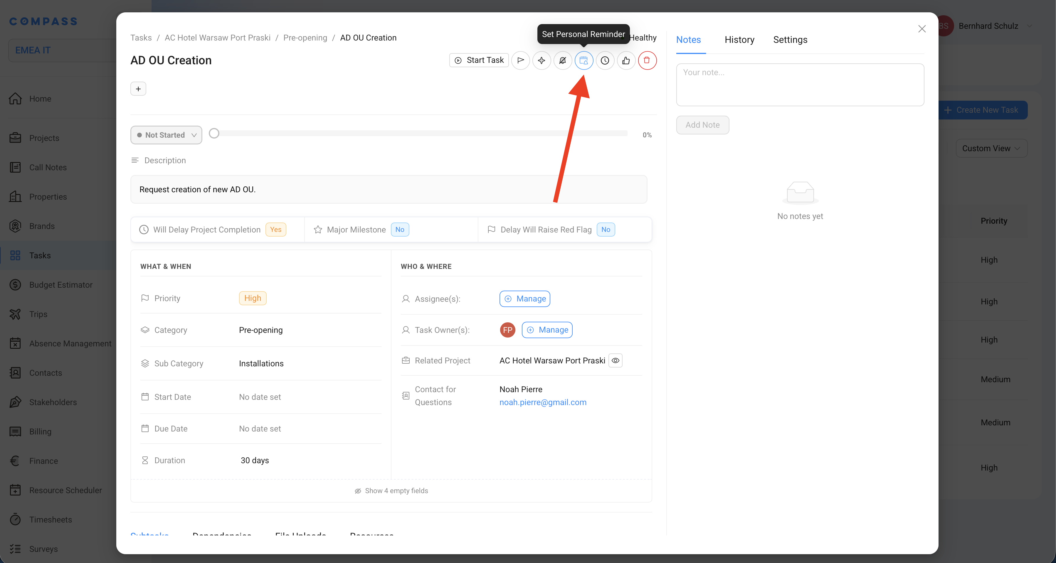 The Set Personal Reminder button in the task toolbar.