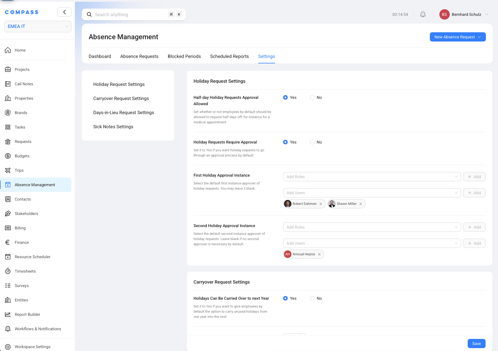 The Absence Management Settings tab with Holiday, Carryover, Days-in-Lieu, and Sick Notes settings.