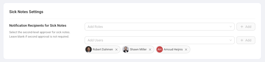 Sick Notes Settings with notification recipients for sick notes.