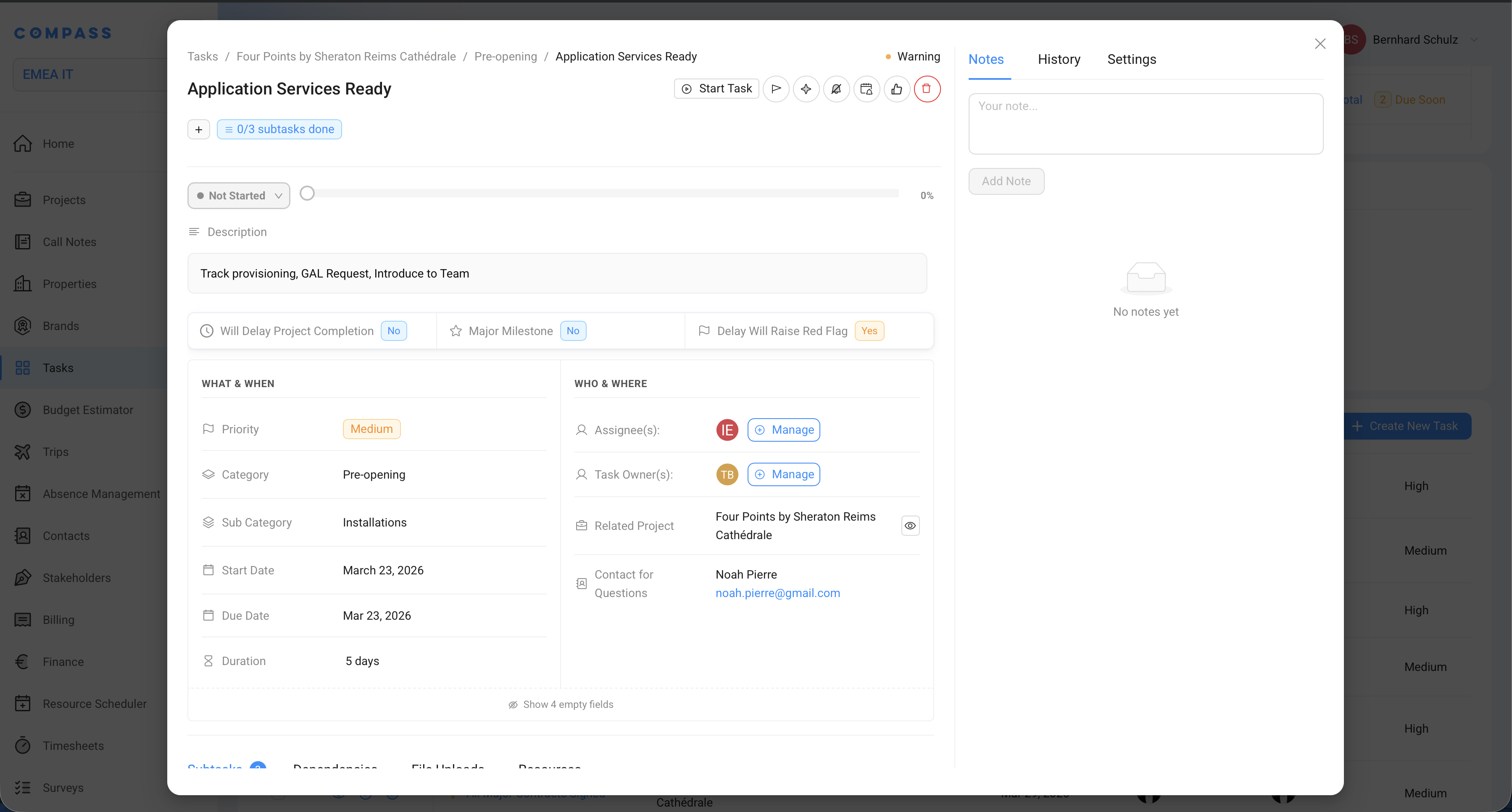 A single task open in Compass — showing status, description, dates, priority, assignees, related project, and the subject matter expert contact.