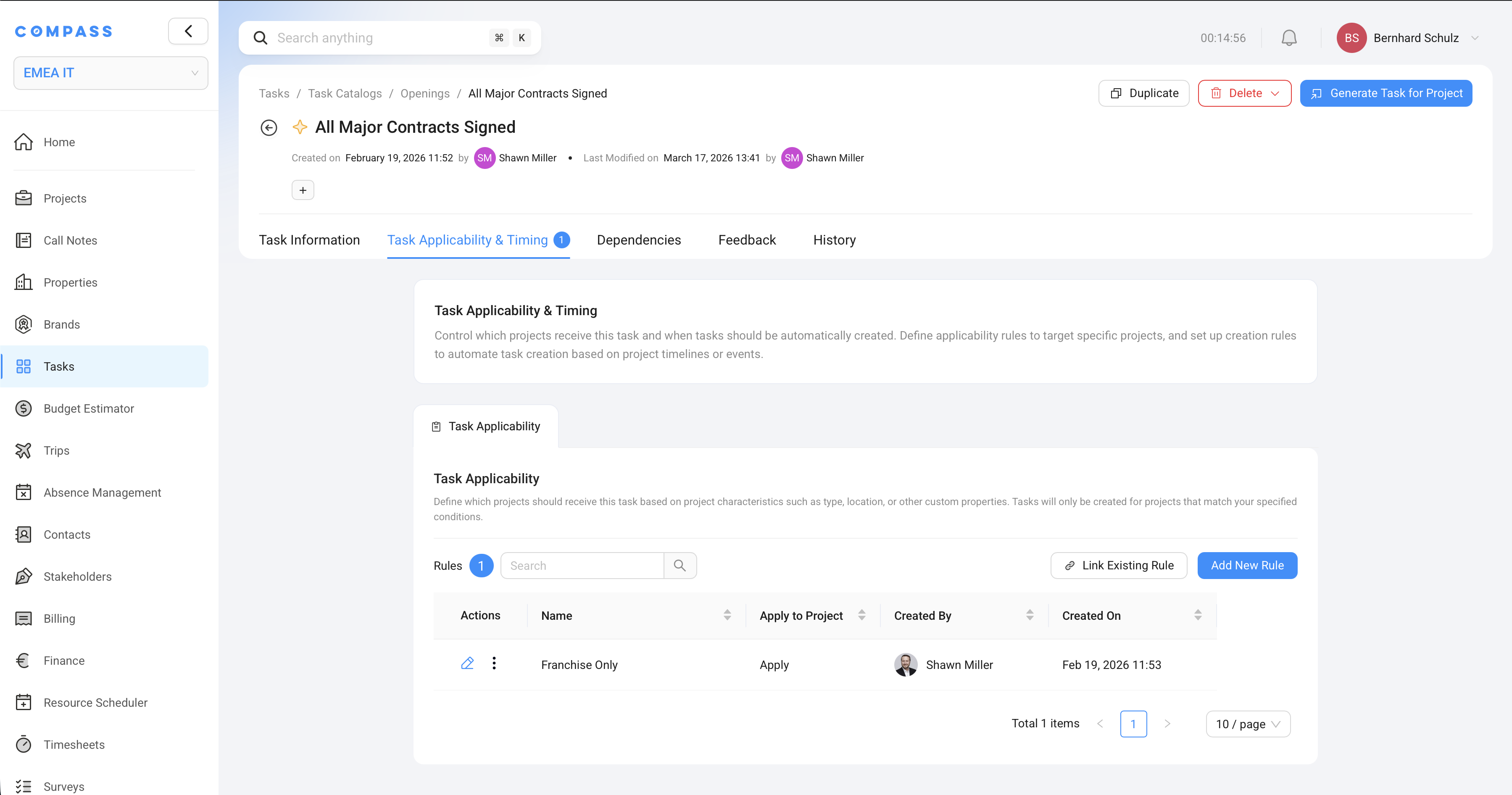 The Task Applicability &amp; Timing tab on a Task Catalog Item — where applicability rules are assigned and managed.
