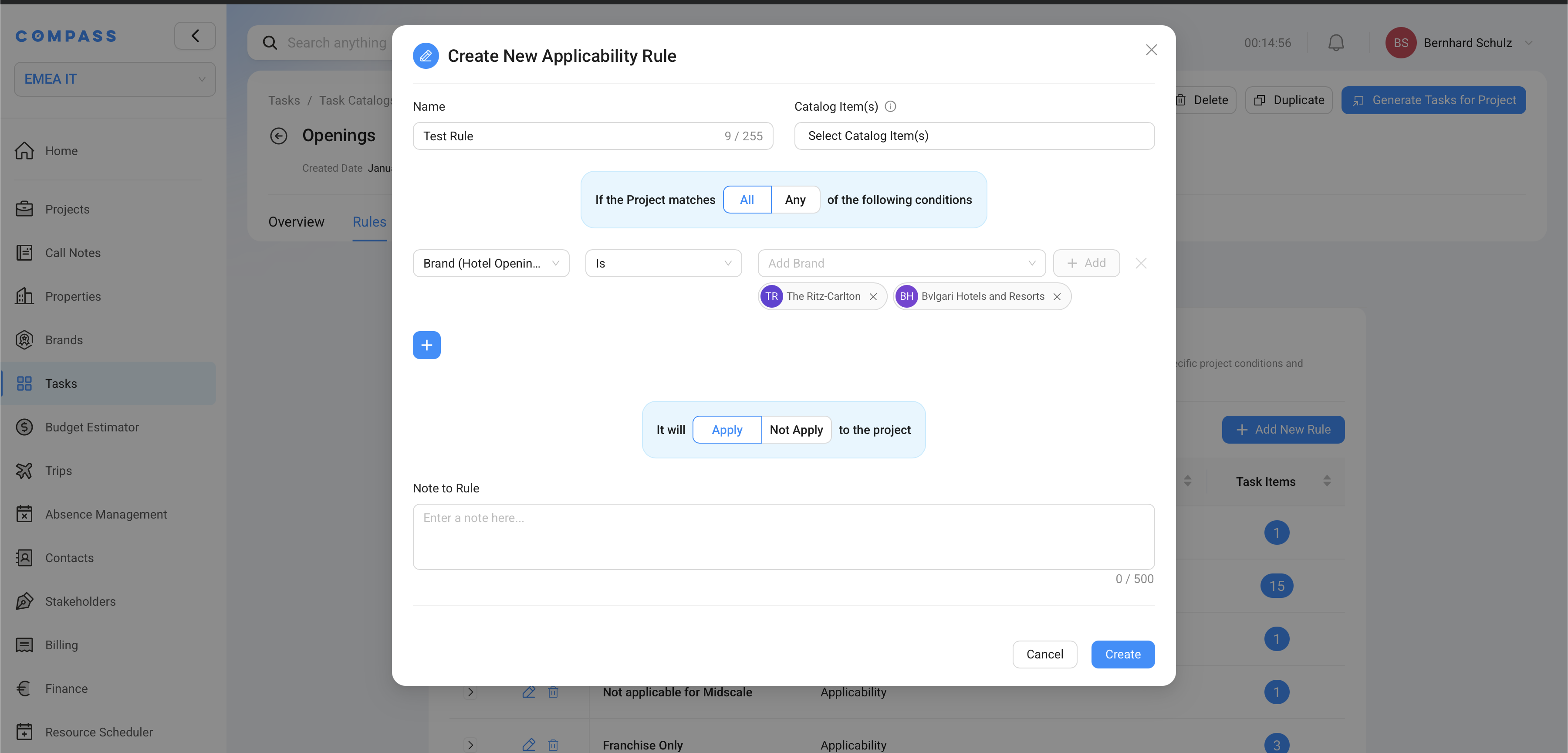 Creating a new Applicability Rule — showing the condition builder with Brand = Ritz-Carlton OR Bulgari Hotels and Resorts, and the Apply/Not Apply toggle.