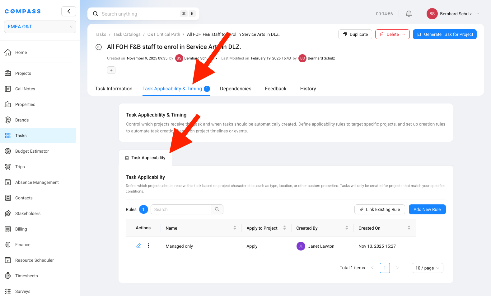 Task Catalog Item — Task Applicability &amp; Timing tab, where applicability rules are linked to this item.