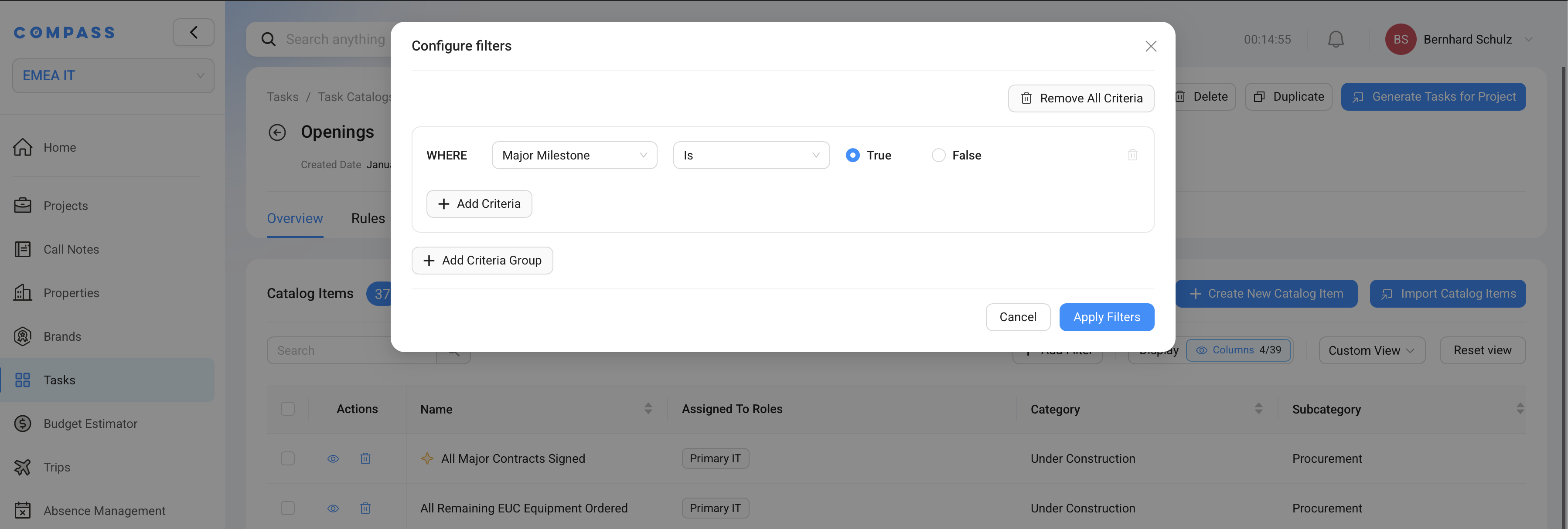 The filter dialog on the catalog Overview tab — filtering items by Major Milestone = Yes.