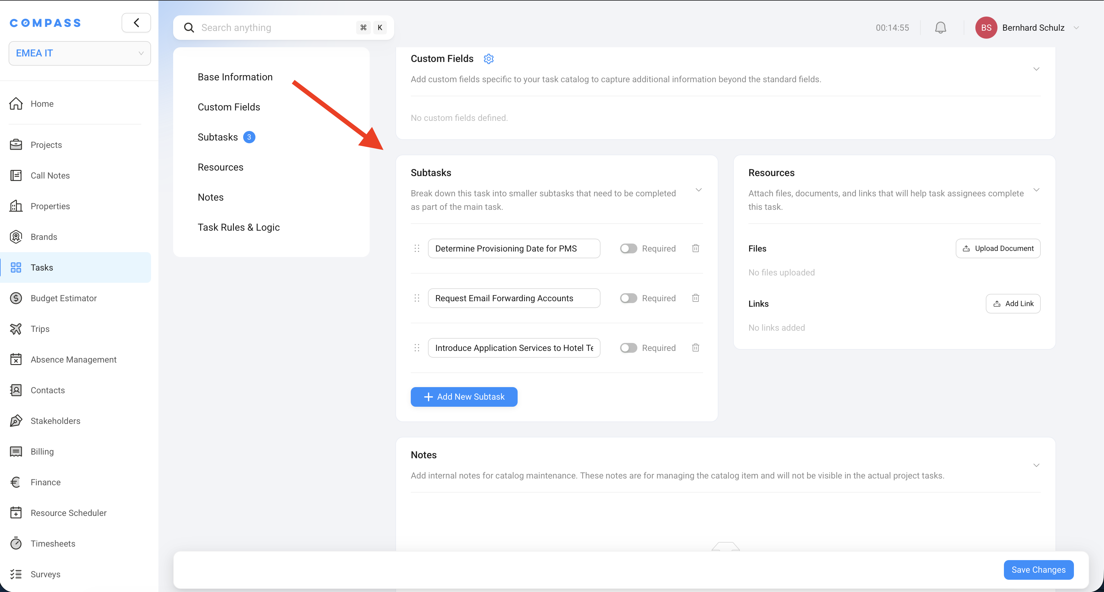 Subtasks and Resources panel on a Task Catalog Item — required subtasks listed alongside file upload and link sections.
